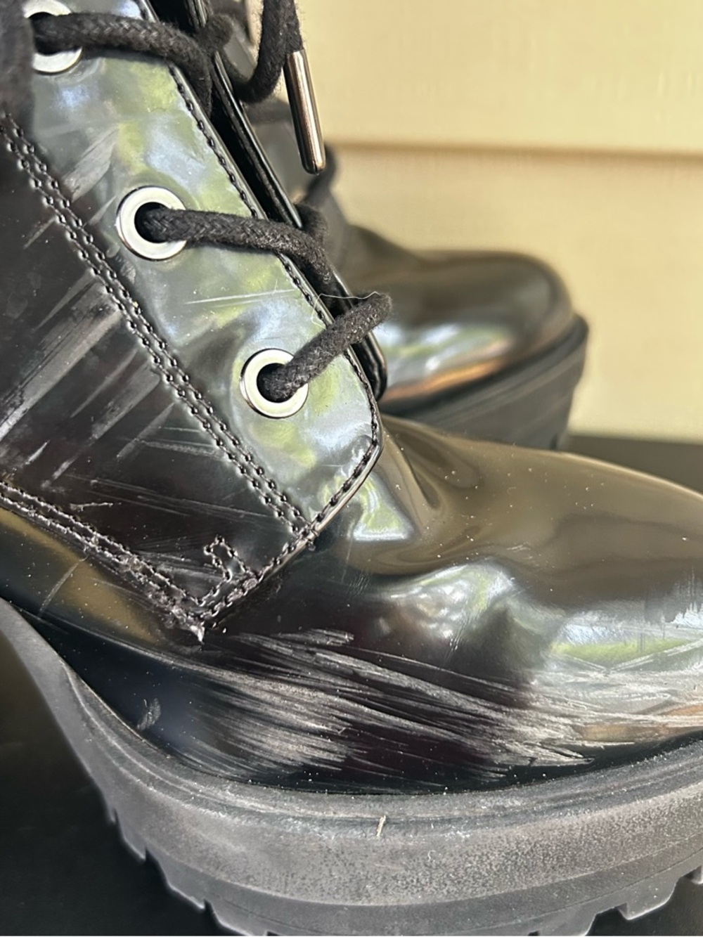 Bershka Black Patent Lace-Up Lug-Heel Combat Boots - Picture 4 of 7